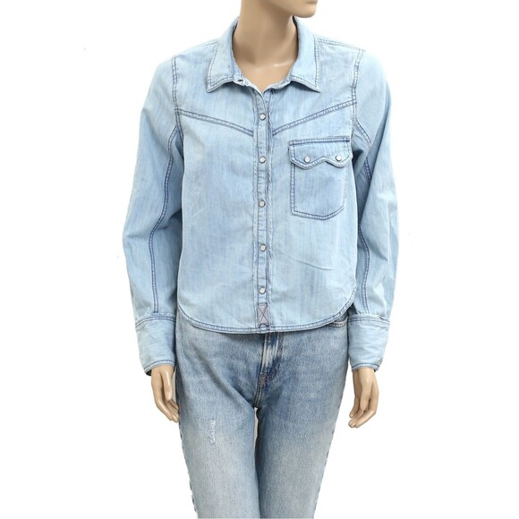 Free People We The Free Shrunken Denim Indigo Blouse Top Buttondown S NWD 281397 - Picture 2 of 6